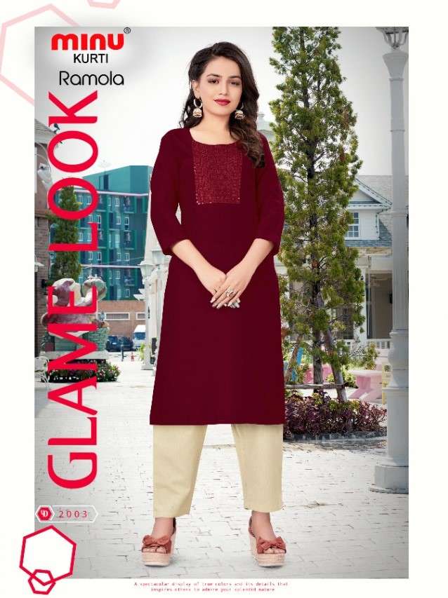 Minu RAMOLA Vol-2 Rayon Embroidered Kurtis-6P Catalog