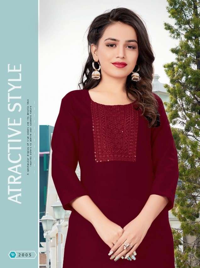 Minu RAMOLA Vol-2 Rayon Embroidered Kurtis-6P Catalog