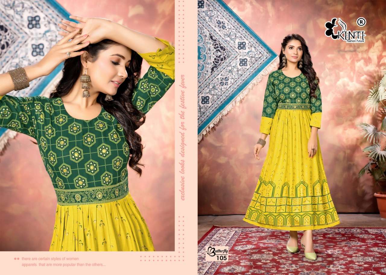 Kinti Butterfly Catalog Heavy Rayon Slub Print Long Kurtis Wholesale