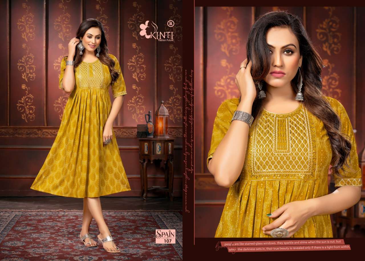 Kinti Spain Catalog Heavy Rayon Embroidery Kurtis Wholesale