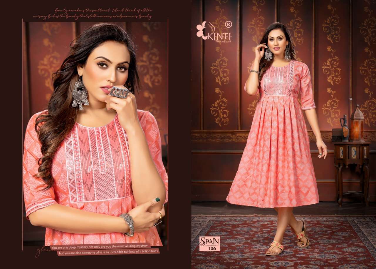 Kinti Spain Catalog Heavy Rayon Embroidery Kurtis Wholesale