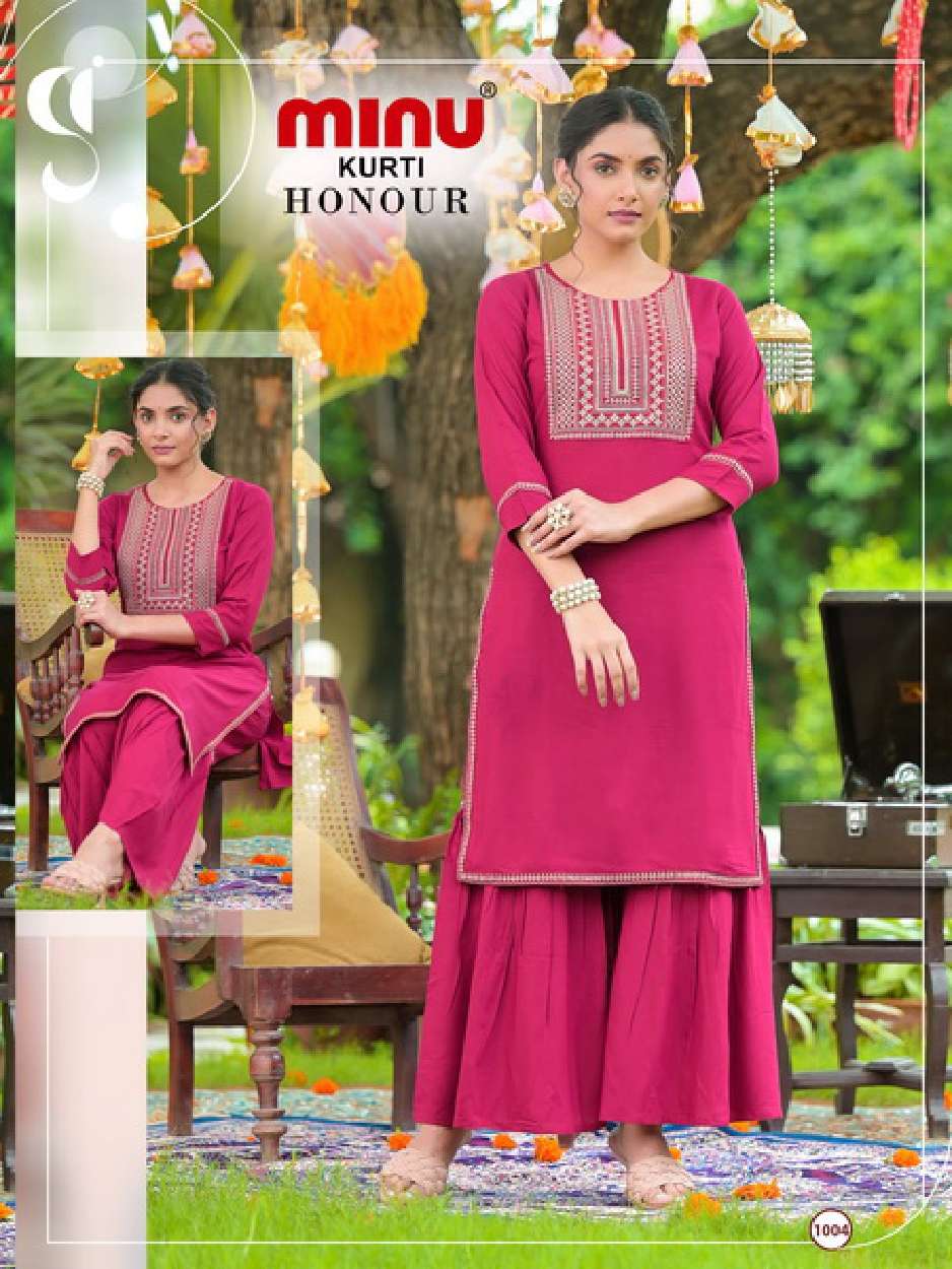 Minu HONOUR Rayon Embroidered Kurtis With Sharara Combo-4P Catalog