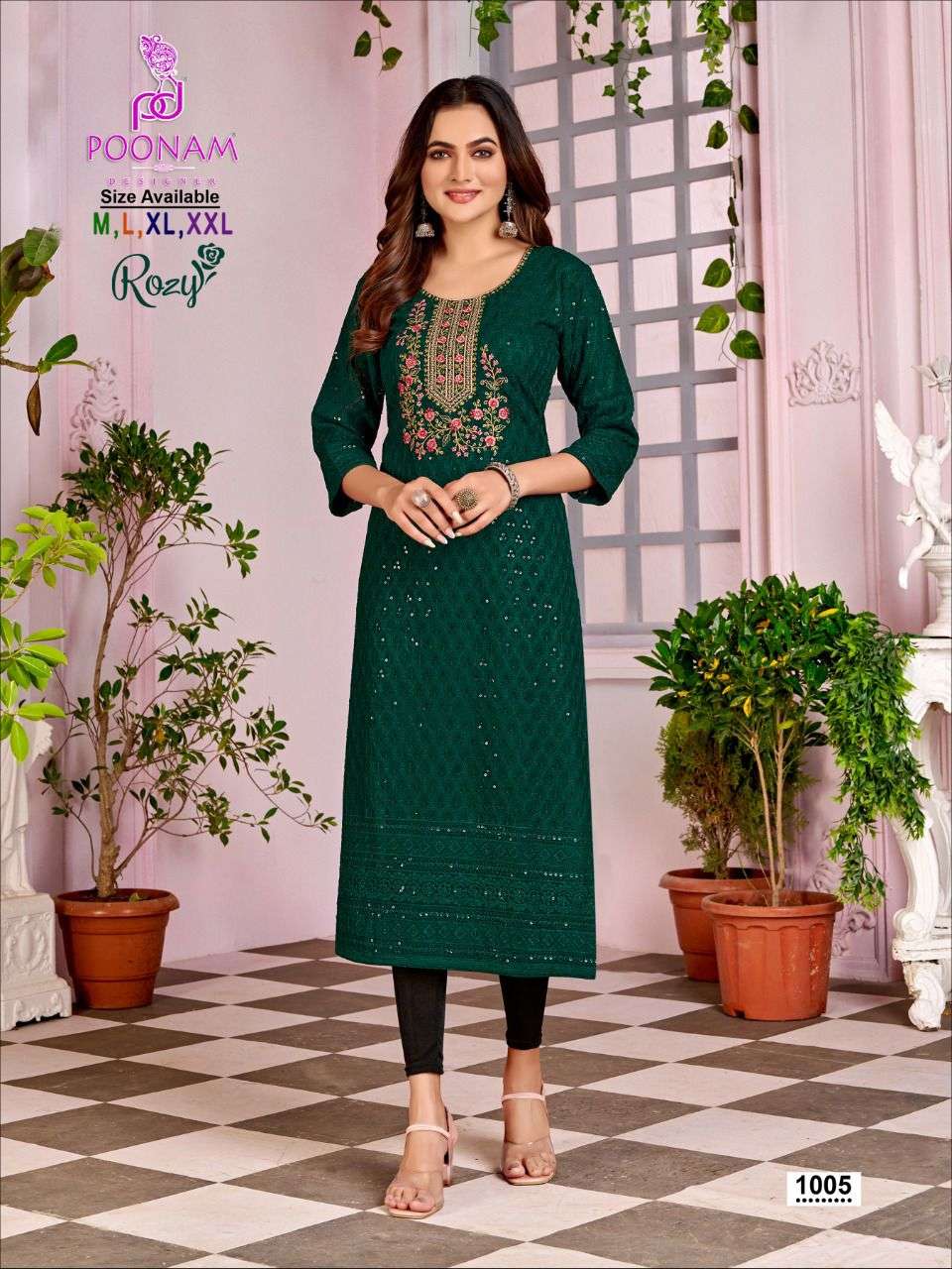 Poonam Rozy Catalog Fancy Wear Embroidery Naira Cut Kurtis Wholesale