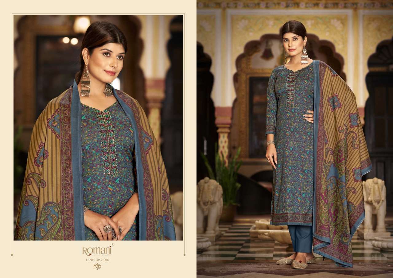 Romani Soneri Catalog Exclusive Wollen Wear Pashmina Dress Materials Wholesale