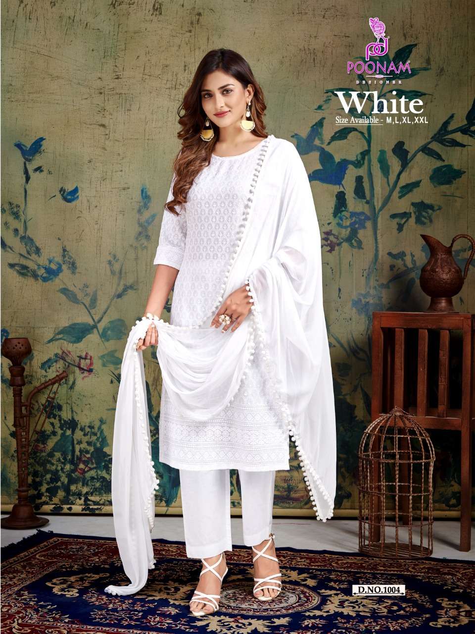Poonam Designer Kurti Pant Dupatta On White Pure Rayon Front/Back & Sleeve  Full Chikan Work