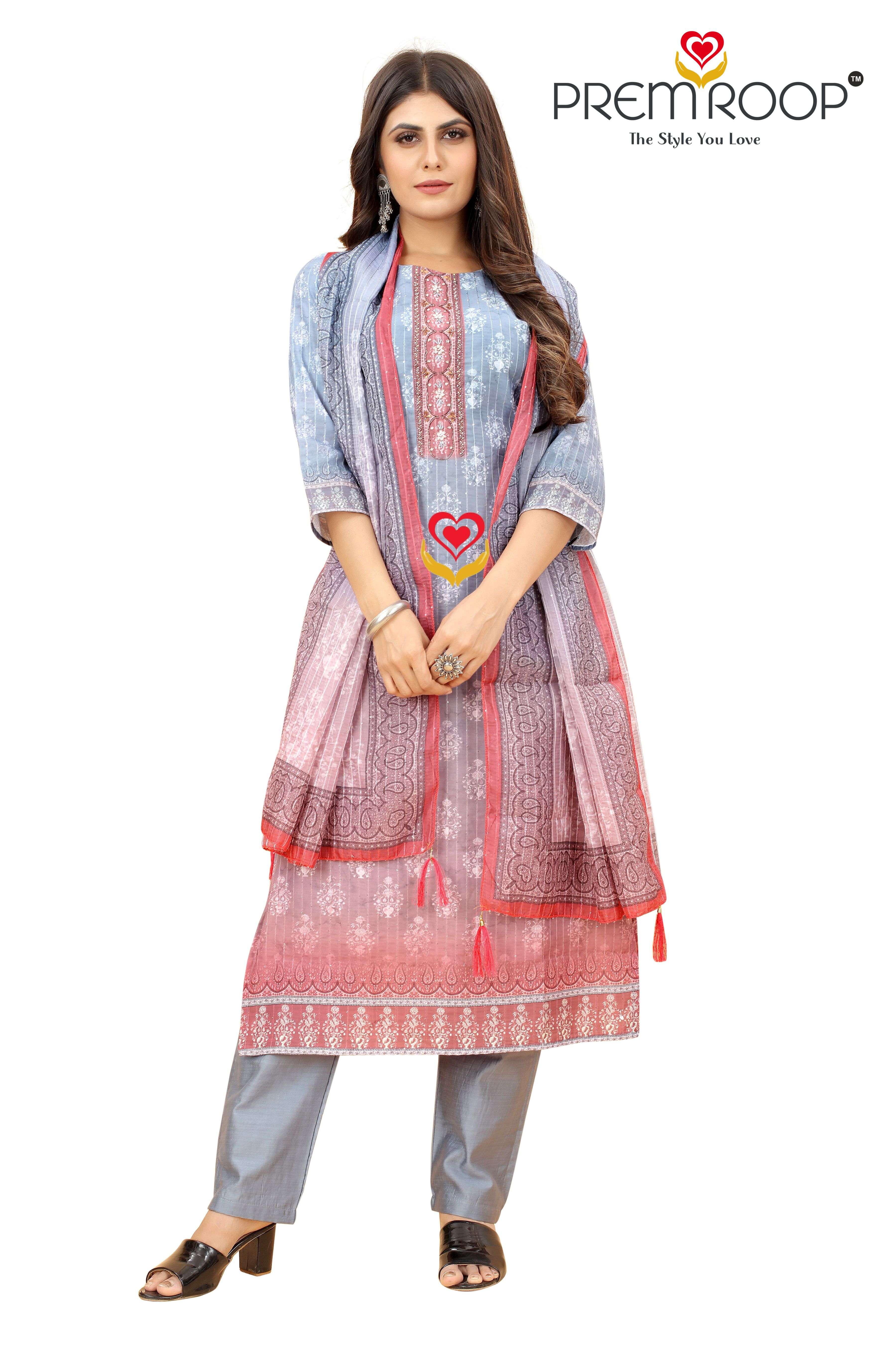 PREMROOP PRESENT HEAVY CHANDERI KURTI PANT DUPATTA 