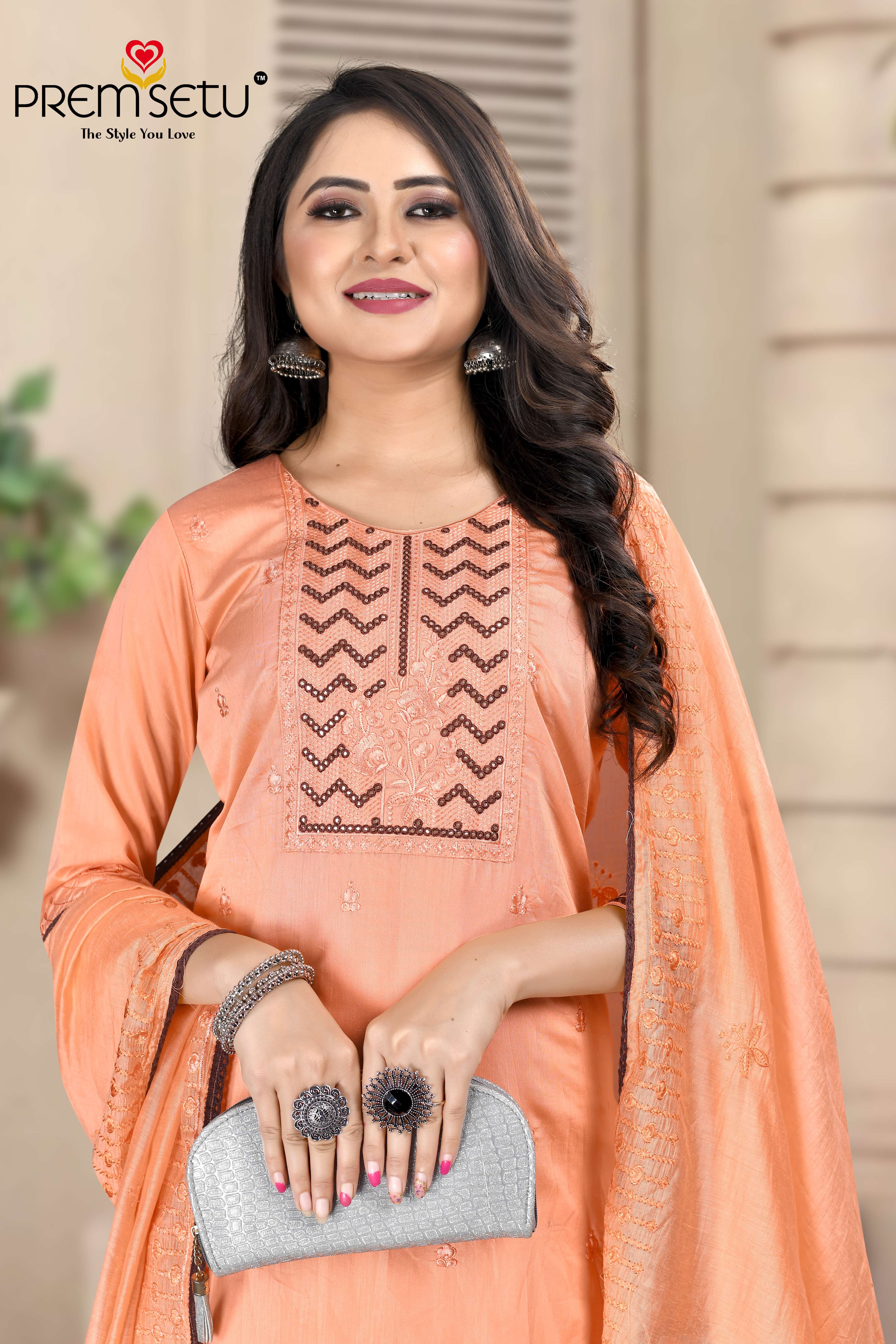 Premsetu Present Light Orange Heavy Kurti Pant With Dupatta Embroidery Work On Wholesale Price