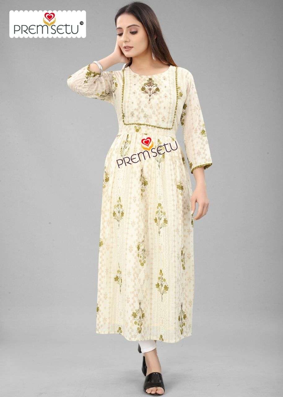 PREMSETU PRESENT MEHANDI GREEN NAIRA CUT KURTIS SIZE SET ON WHOLESALE PRICE