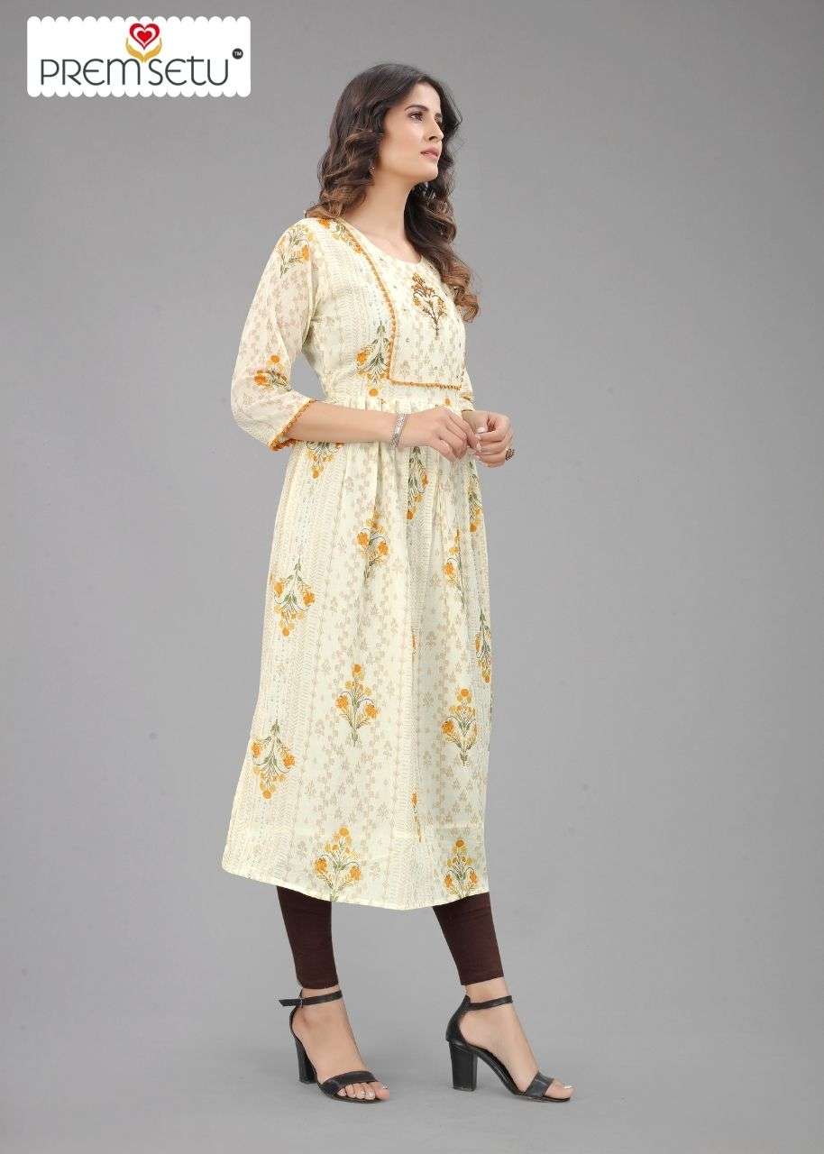 PREMSETU PRESENT YELLOW NAIRA CUT KURTIS SIZE SET ON WHOLESALE PRICE