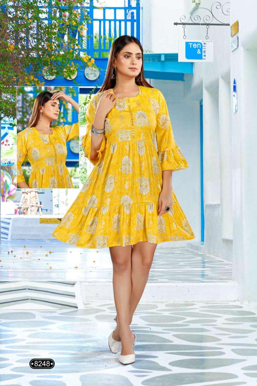 GOLDEN GINNI Pattern Short Frock Style On Rayon Capsule