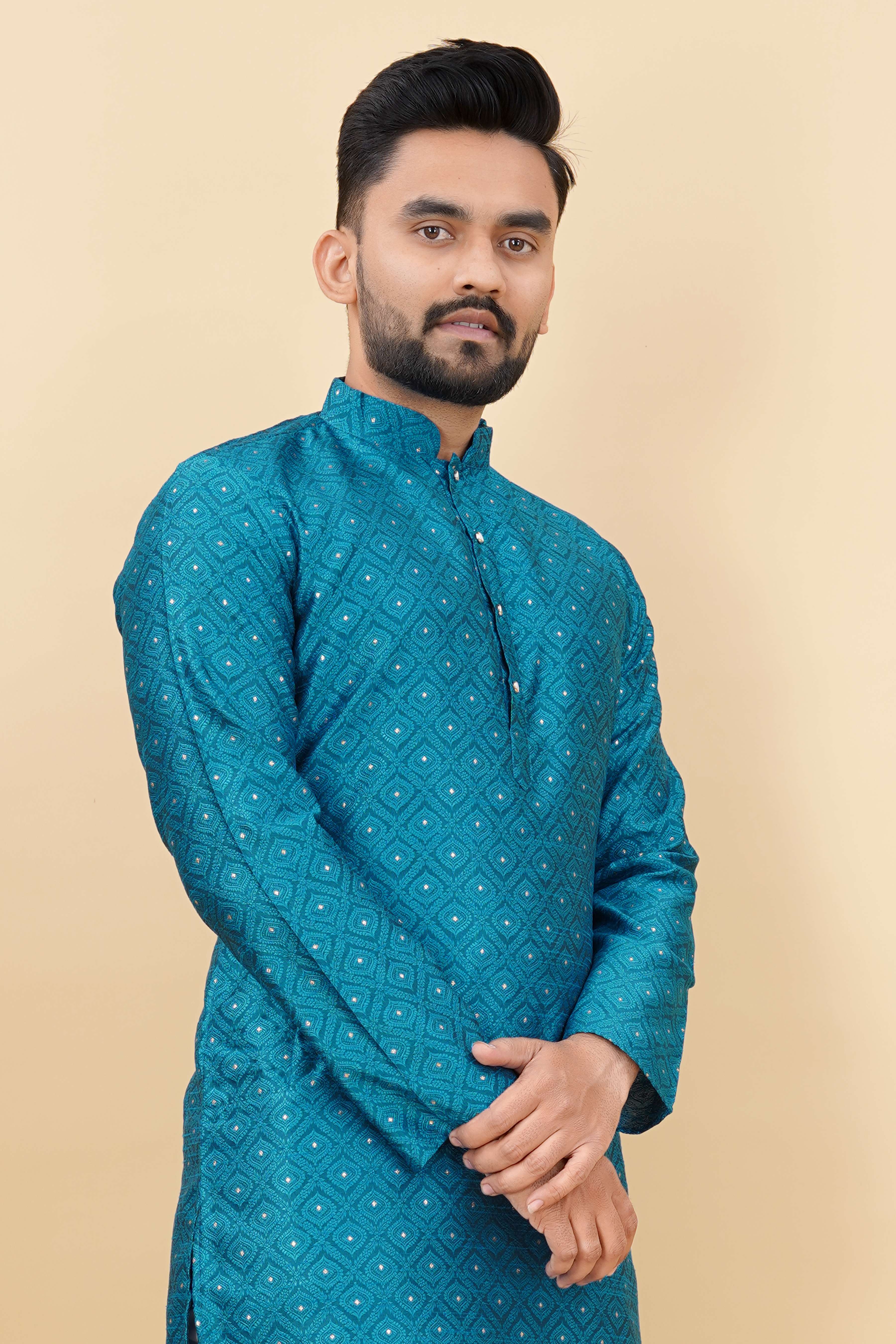 Party Wear Mens Kurta Self Designe and Jari with Button 