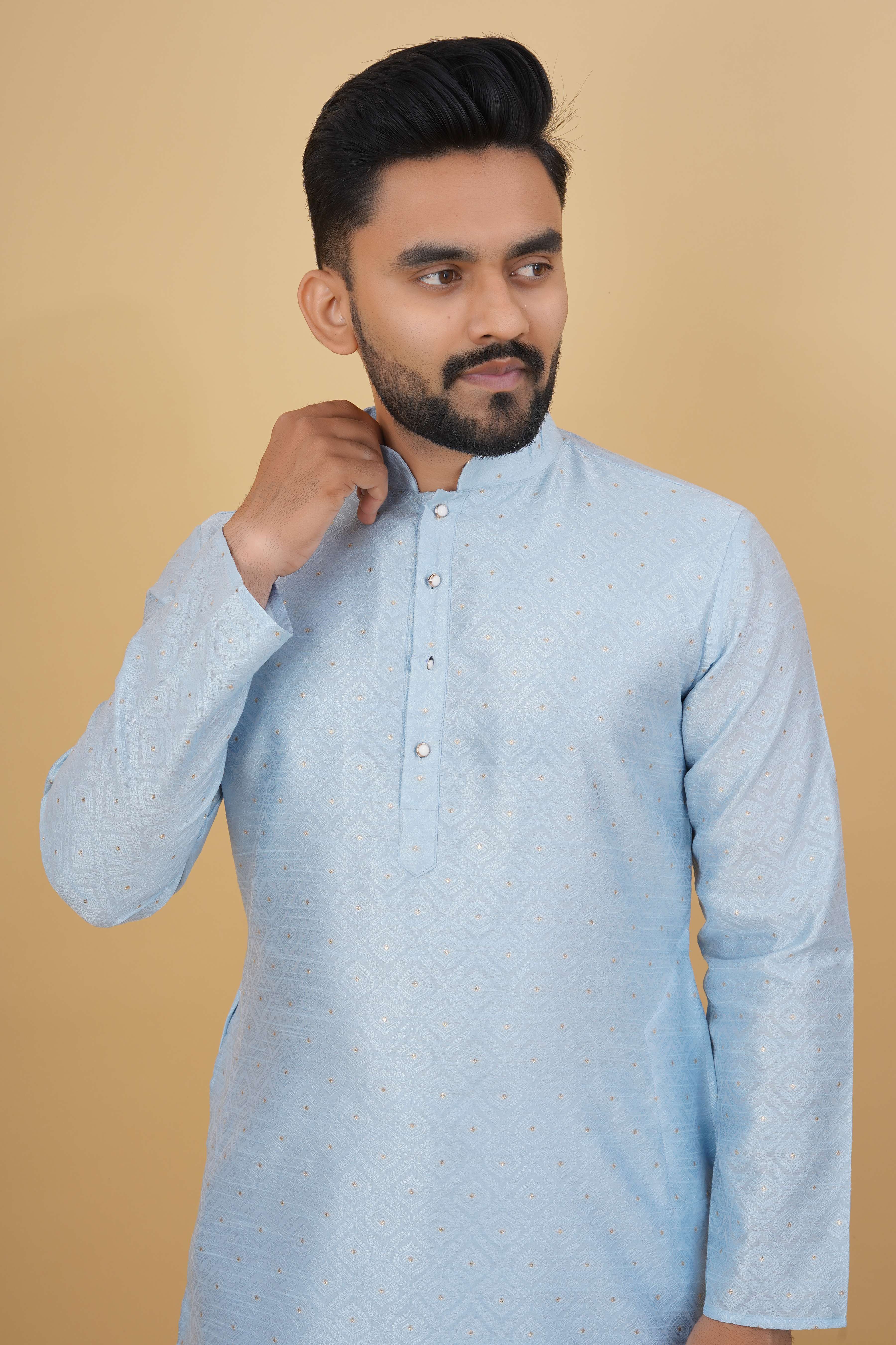 Party Wear Mens Kurta Self Designe and Jari with Button 