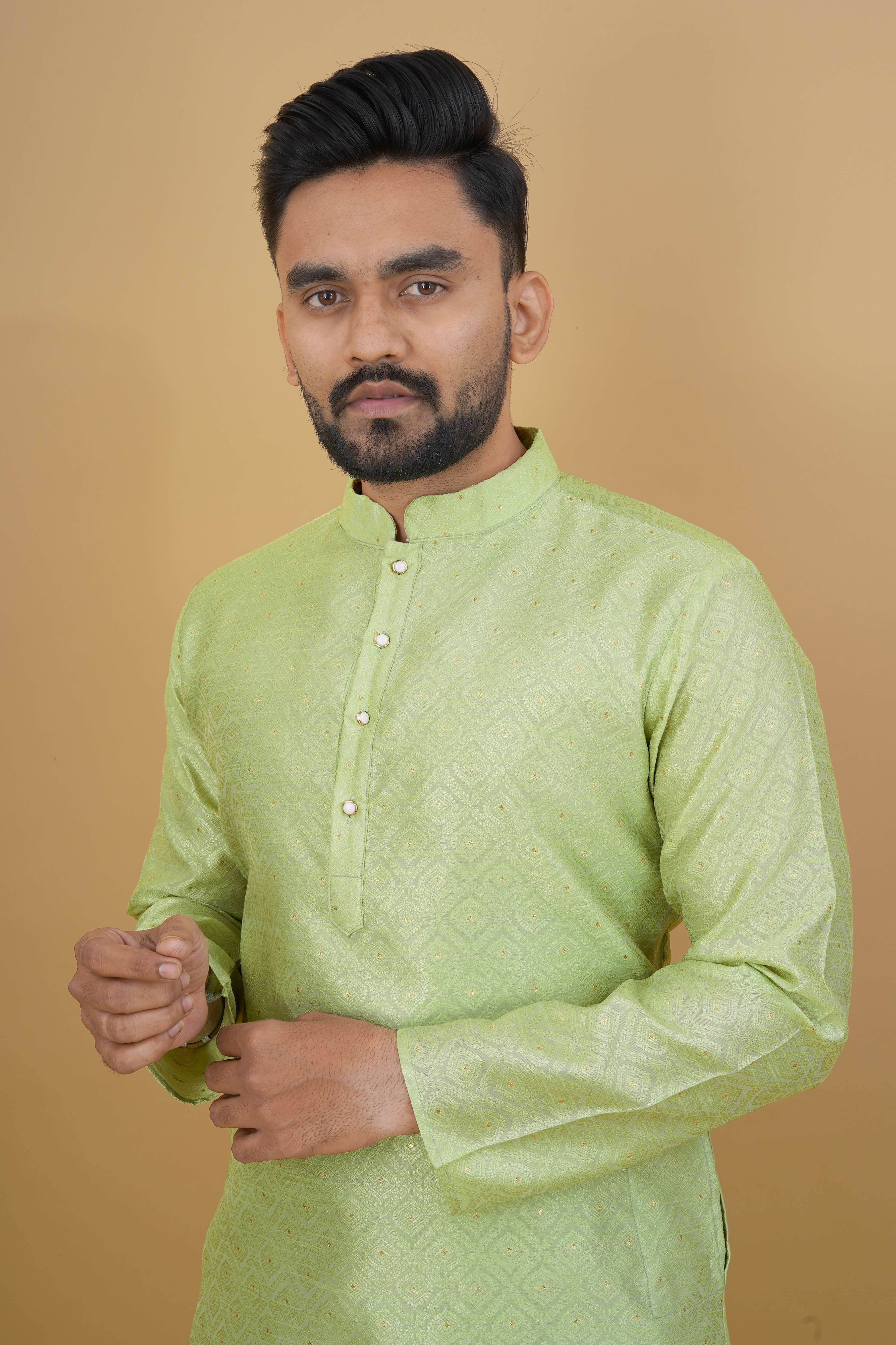 Party Wear Mens Kurta Self Designe and Jari with Button 