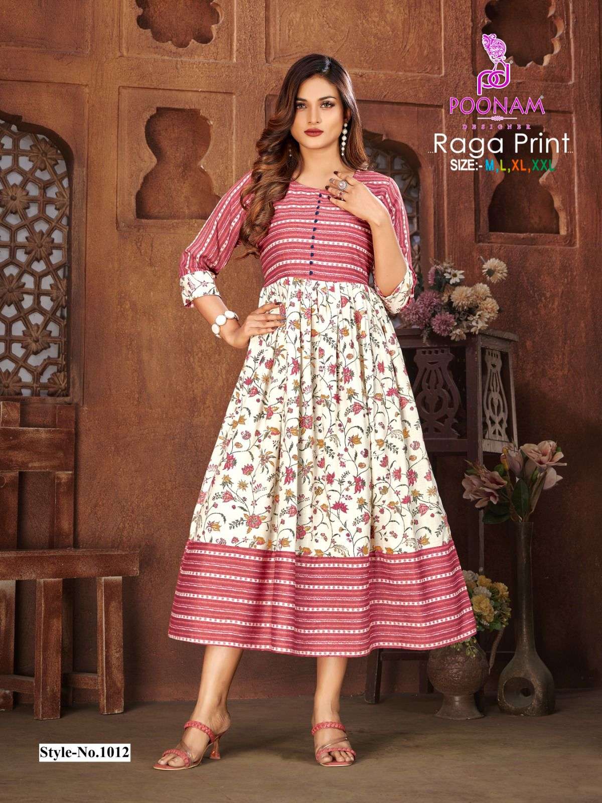  Poonam Raga Rayon Print Long Anarkali Kurti On Wholesale