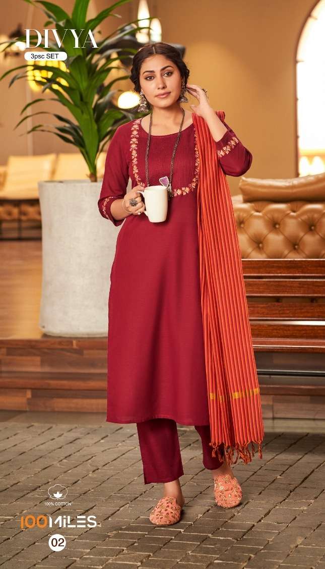 100Miles Divya Summer Collection Kurti Pant Dupatta On Wholesale