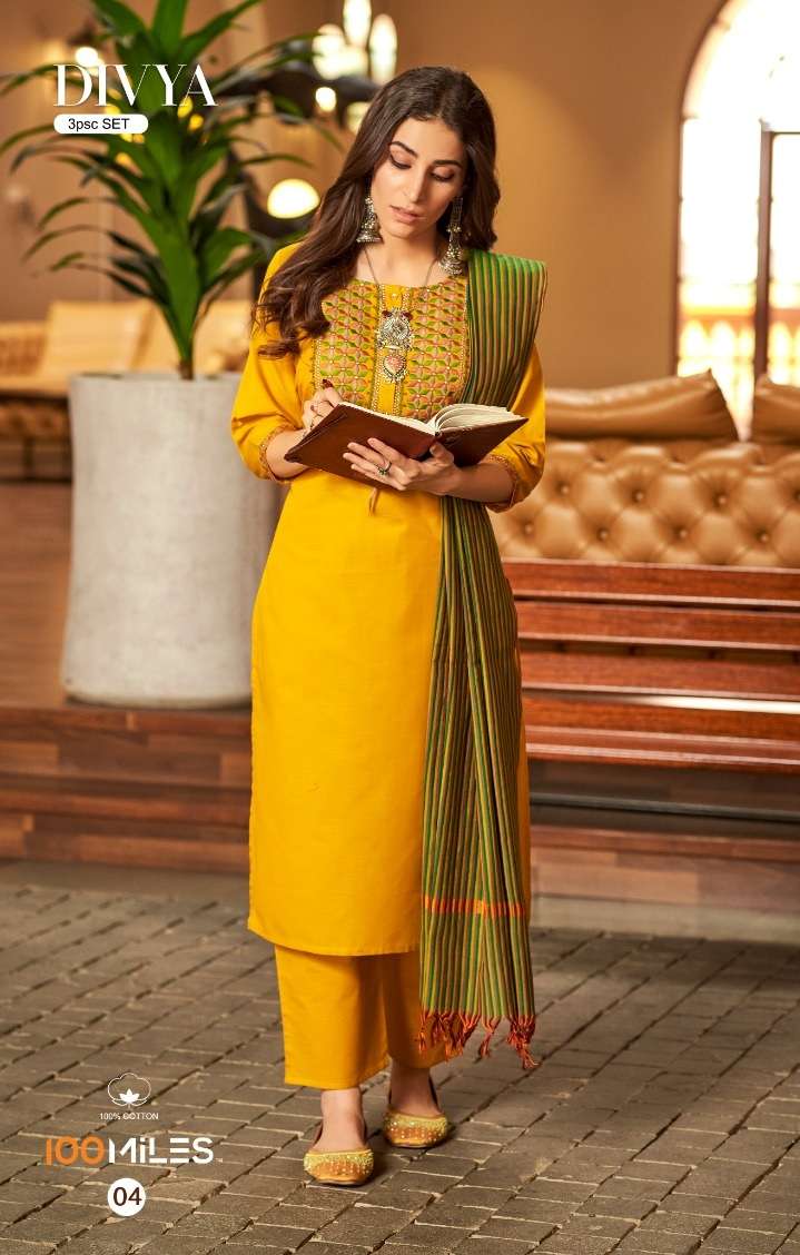 100Miles Divya Summer Collection Kurti Pant Dupatta On Wholesale