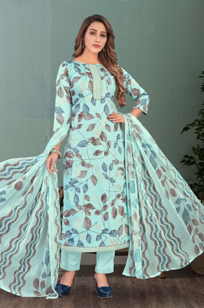 Bipson Riya 2069 Pure Cotton Foil Print With Embroidery Work Designer Dress Material On Wholesale