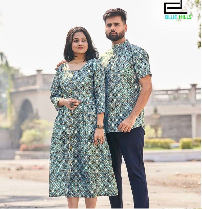 Trendy Couple Set Women's and Men's Handloom Pure Cotton Matching Combo Couple  Dress Saree and Kurta with Blouse Piece.