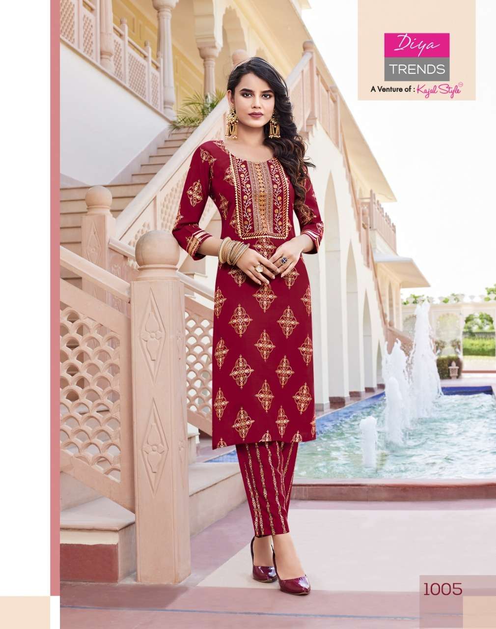 Diya Trends Zoori Vol 1 Kajal Style Reyon With Classy Gold Print Kurti With  Pant On