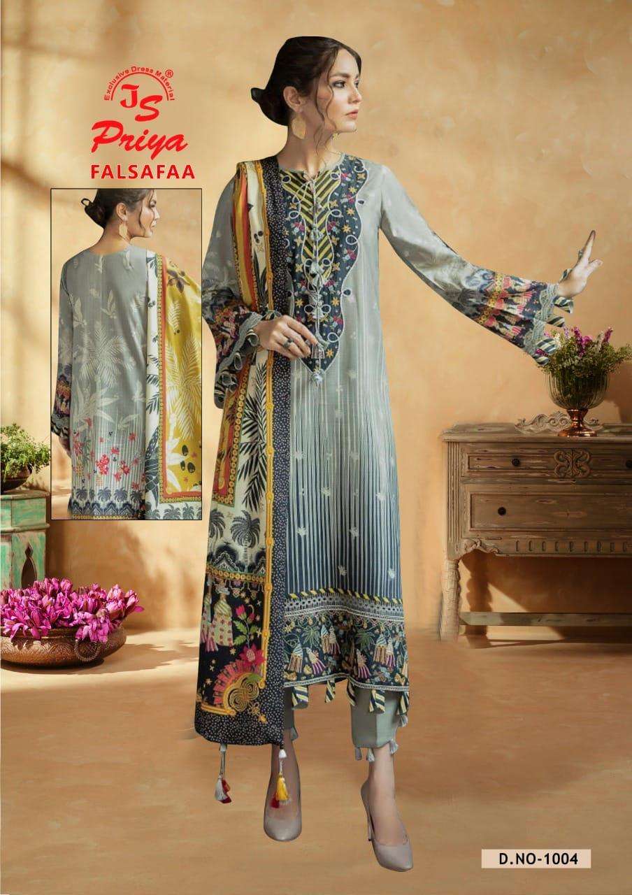 Js Priya Falsafaa Vol 1 Pure Cotton Printed Top Bottom With Dupatta On Wholesale