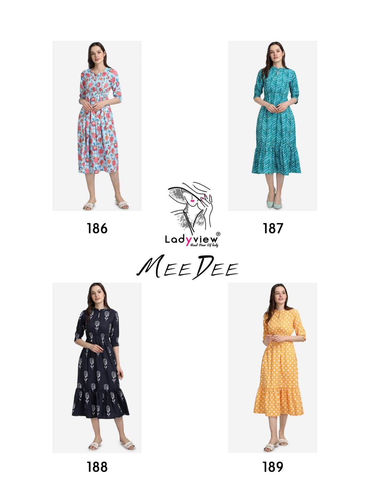 Ladyview Meedee D.No.186 to 189 Designer Long Kurti On Wholesale