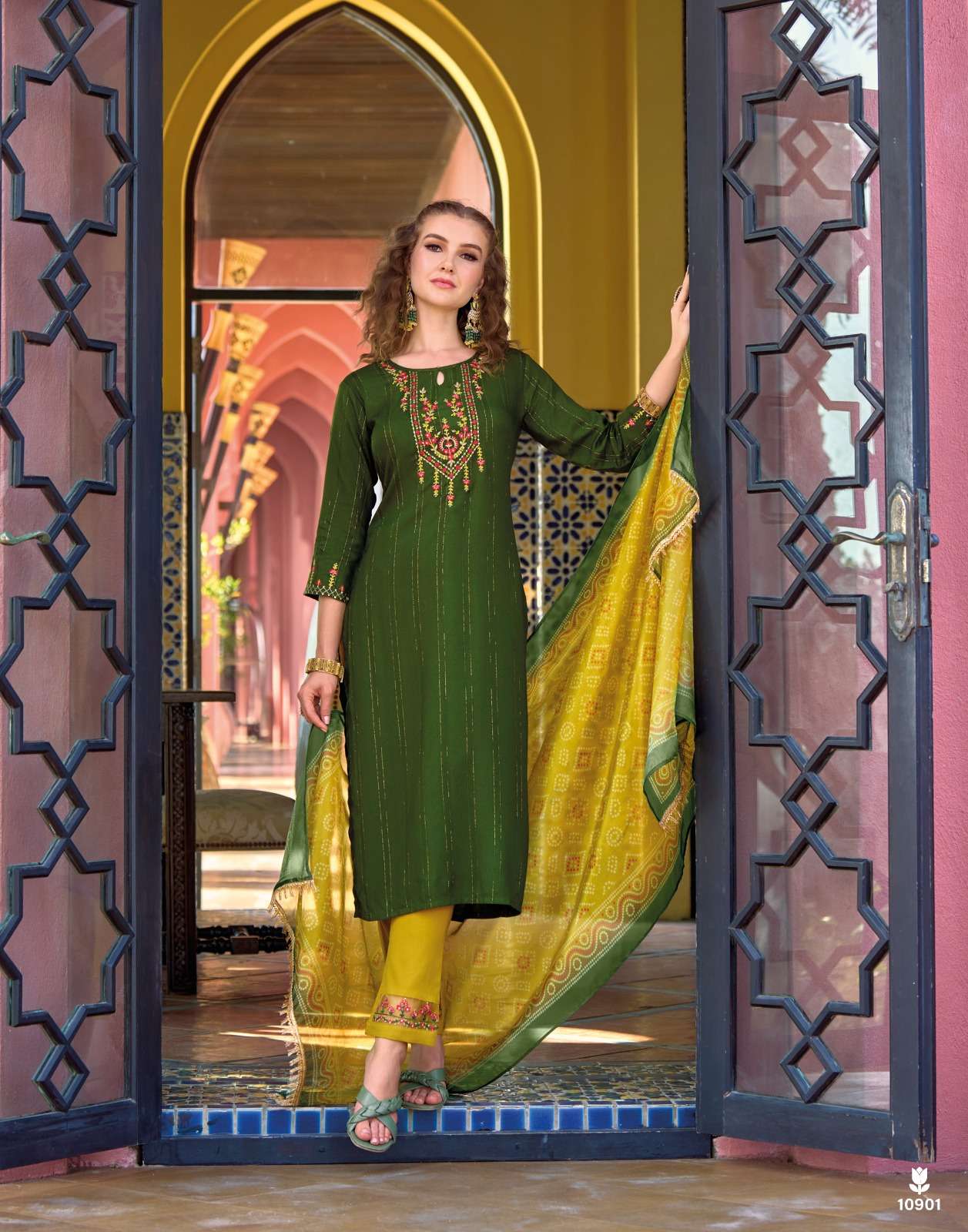 Lily & Lali Present Bandhej Fancy Viscose Rayon Pattern Kurti Bottom With Dupatta On Wholesale