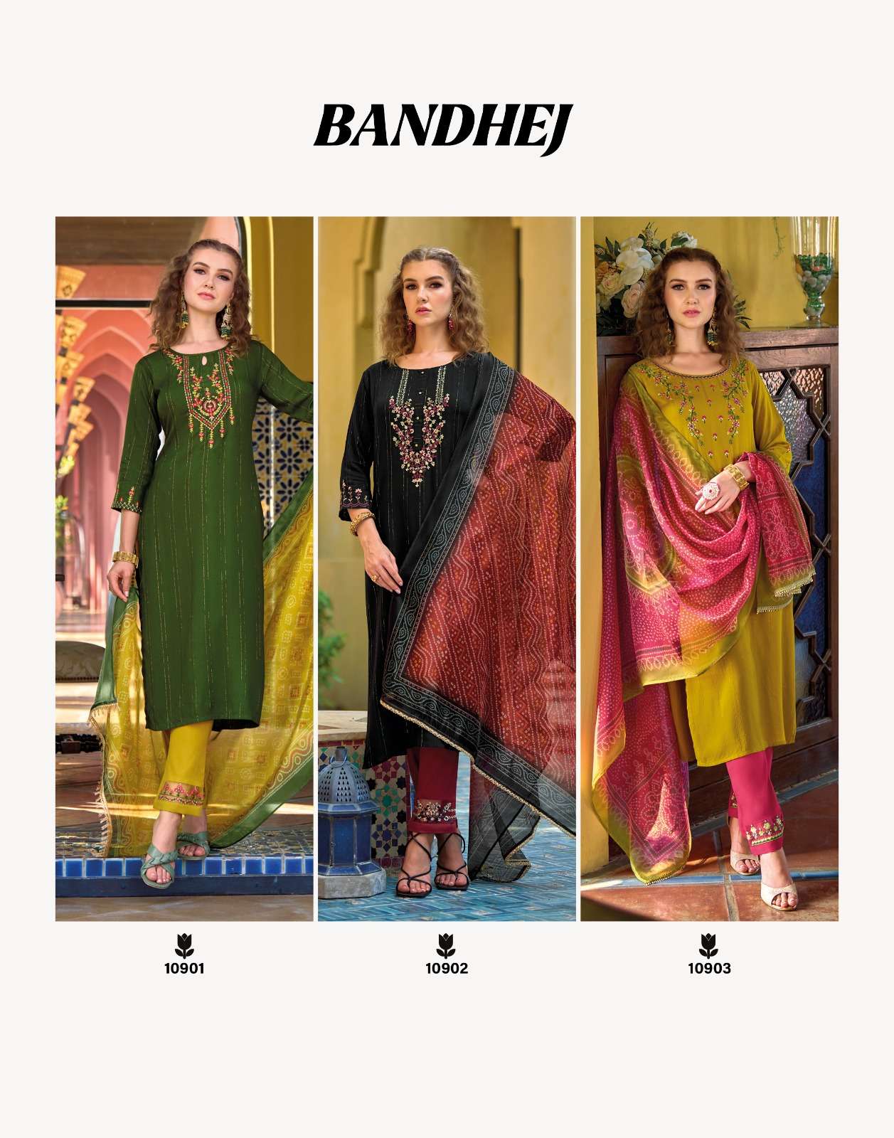 Lily & Lali Present Bandhej Fancy Viscose Rayon Pattern Kurti Bottom With Dupatta On Wholesale