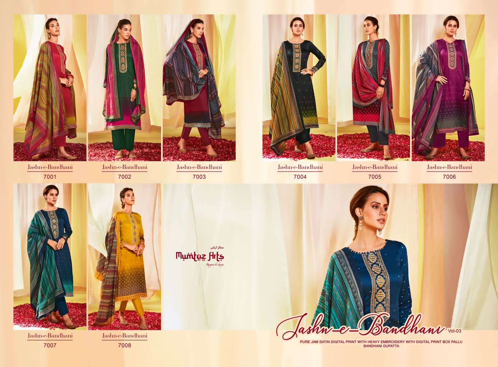 Mumtaz Arts Jash E Bandhani Vol 3 Pure Jam Satin Digital Print With Embroidery Work On Wholesale