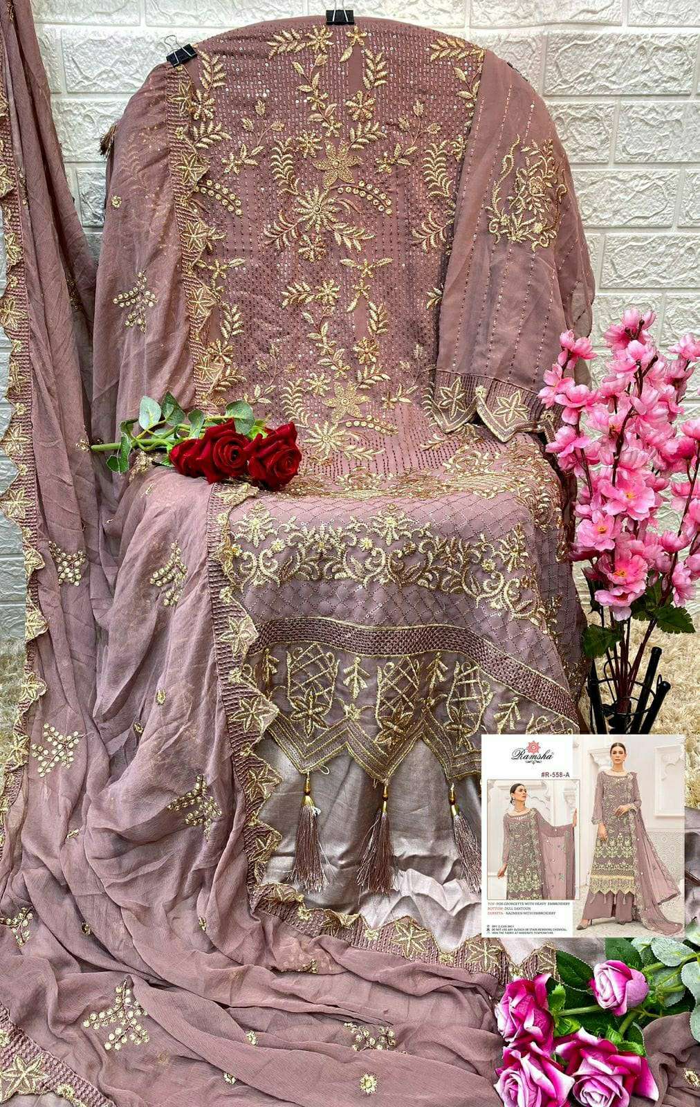 Ramsha Present R-558 NX Faux Georgette With Heavy Embroidery Pakistani Suits On Wholesale