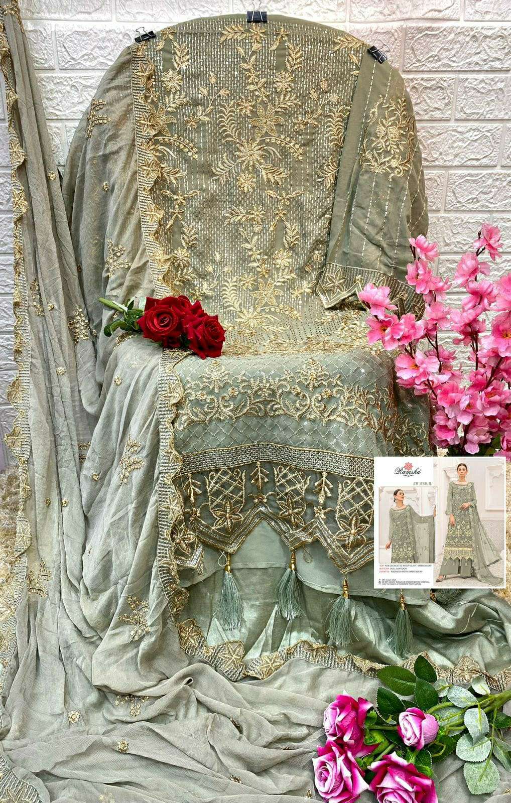 Ramsha Present R-558 NX Faux Georgette With Heavy Embroidery Pakistani Suits On Wholesale