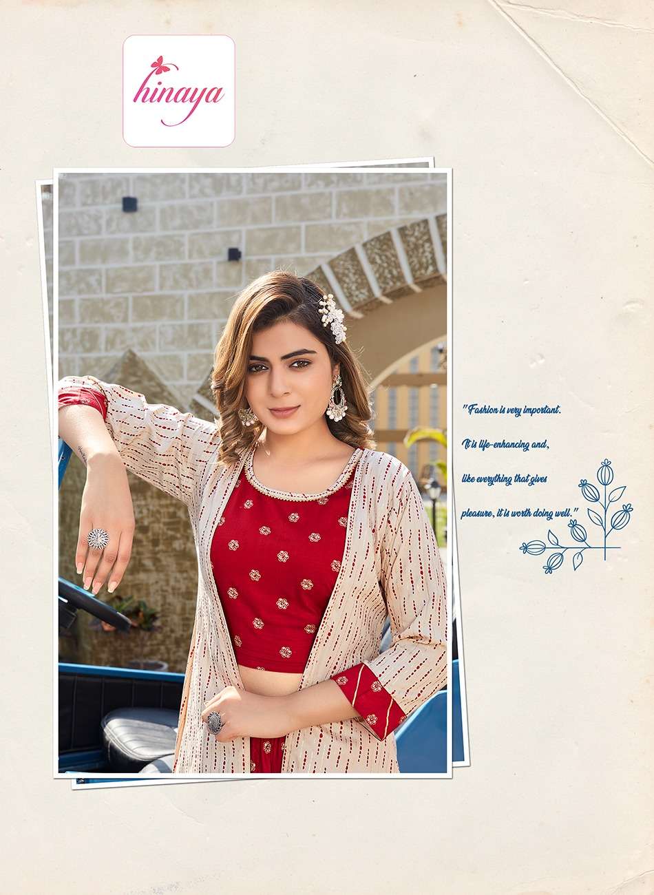 HINAYA PRESENTS ANANYA VOL-1 TrENDY RAyON JACKETS WITH INNER CROP TOPS AND PANTS -3PC 