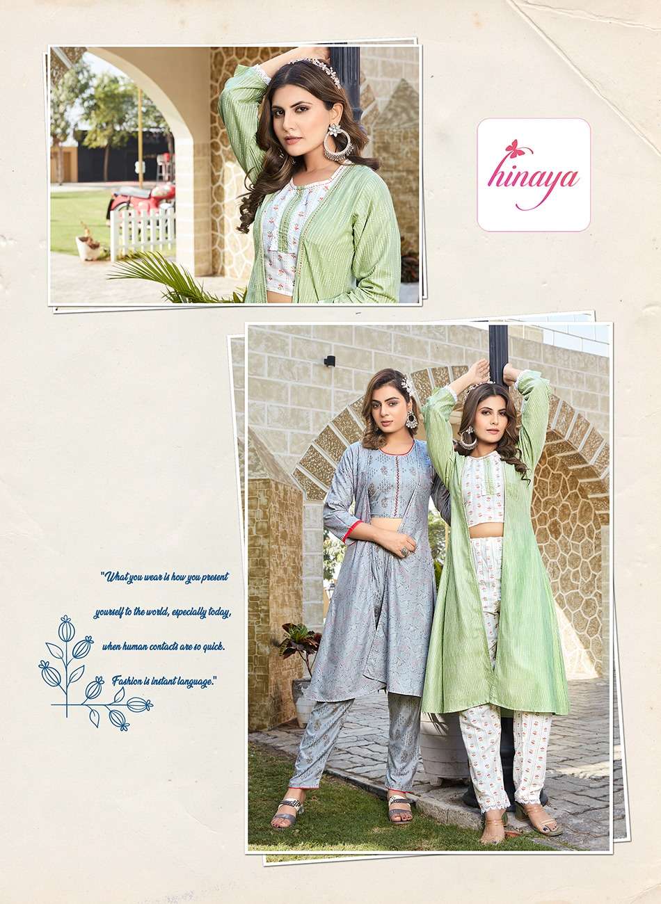 HINAYA PRESENTS ANANYA VOL-1 TrENDY RAyON JACKETS WITH INNER CROP TOPS AND PANTS -3PC 