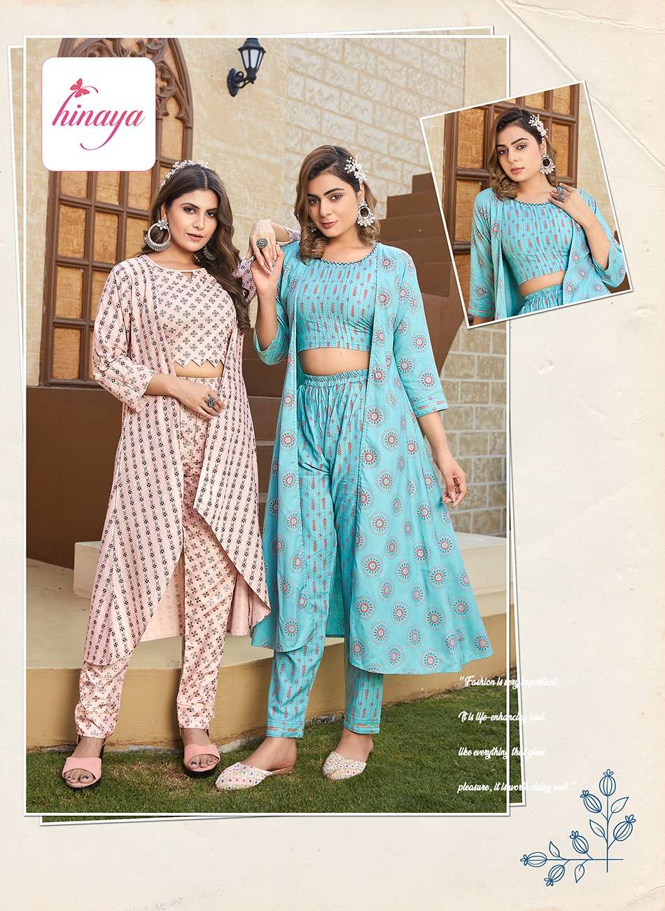 HINAYA PRESENTS ANANYA VOL-1 TrENDY RAyON JACKETS WITH INNER CROP TOPS AND PANTS -3PC 