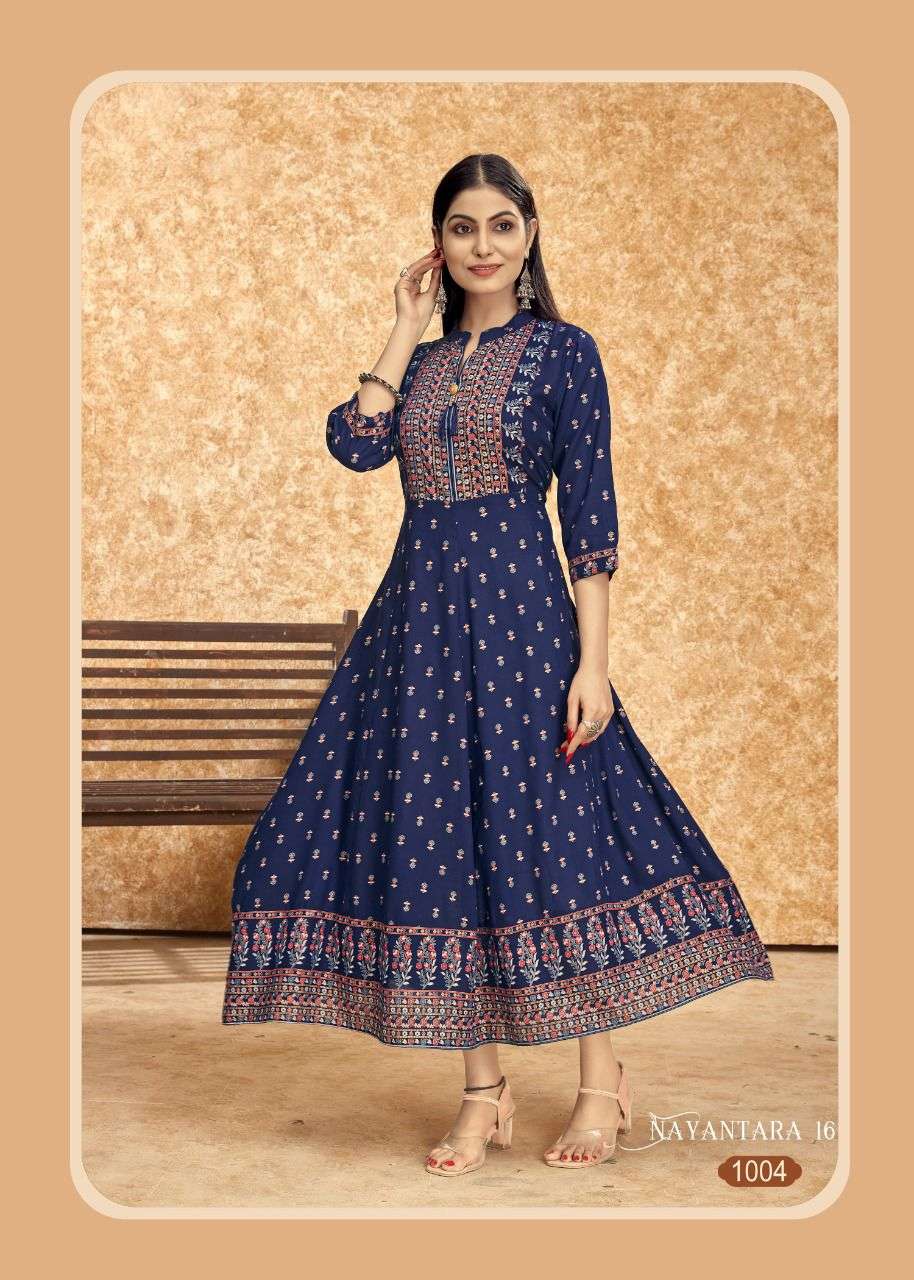 NAYANTARA 16 HEAVY RAYON PRINTED KURTIS WHOLESALER           