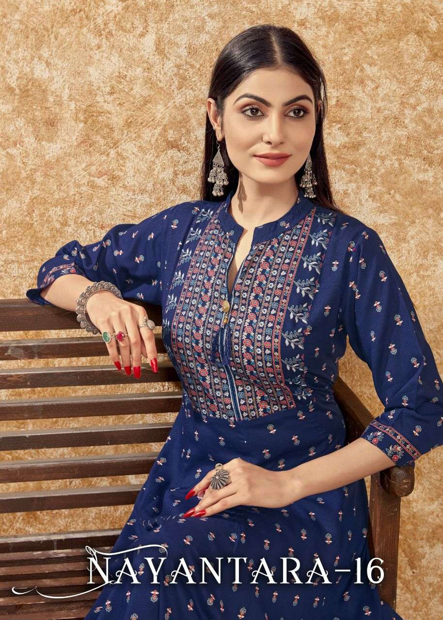 NAYANTARA 16 HEAVY RAYON PRINTED KURTIS WHOLESALER           