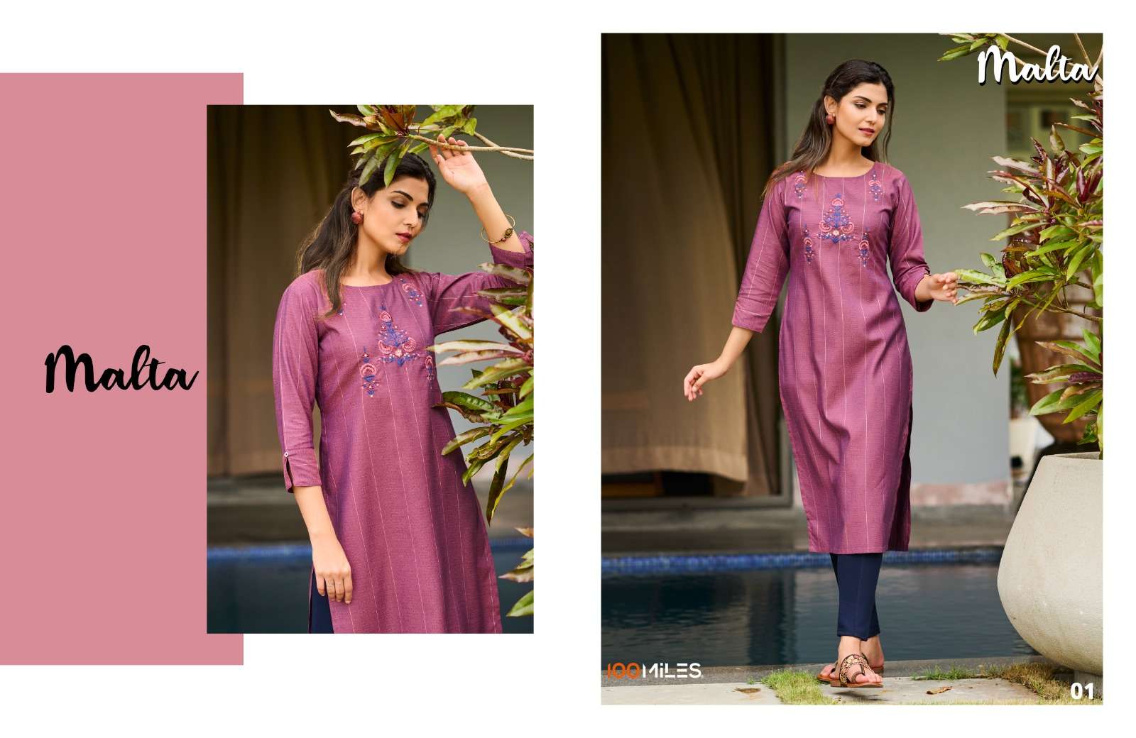 100 Miles Malta Embroidered Work Designer Kurti Collection Wholesale Price