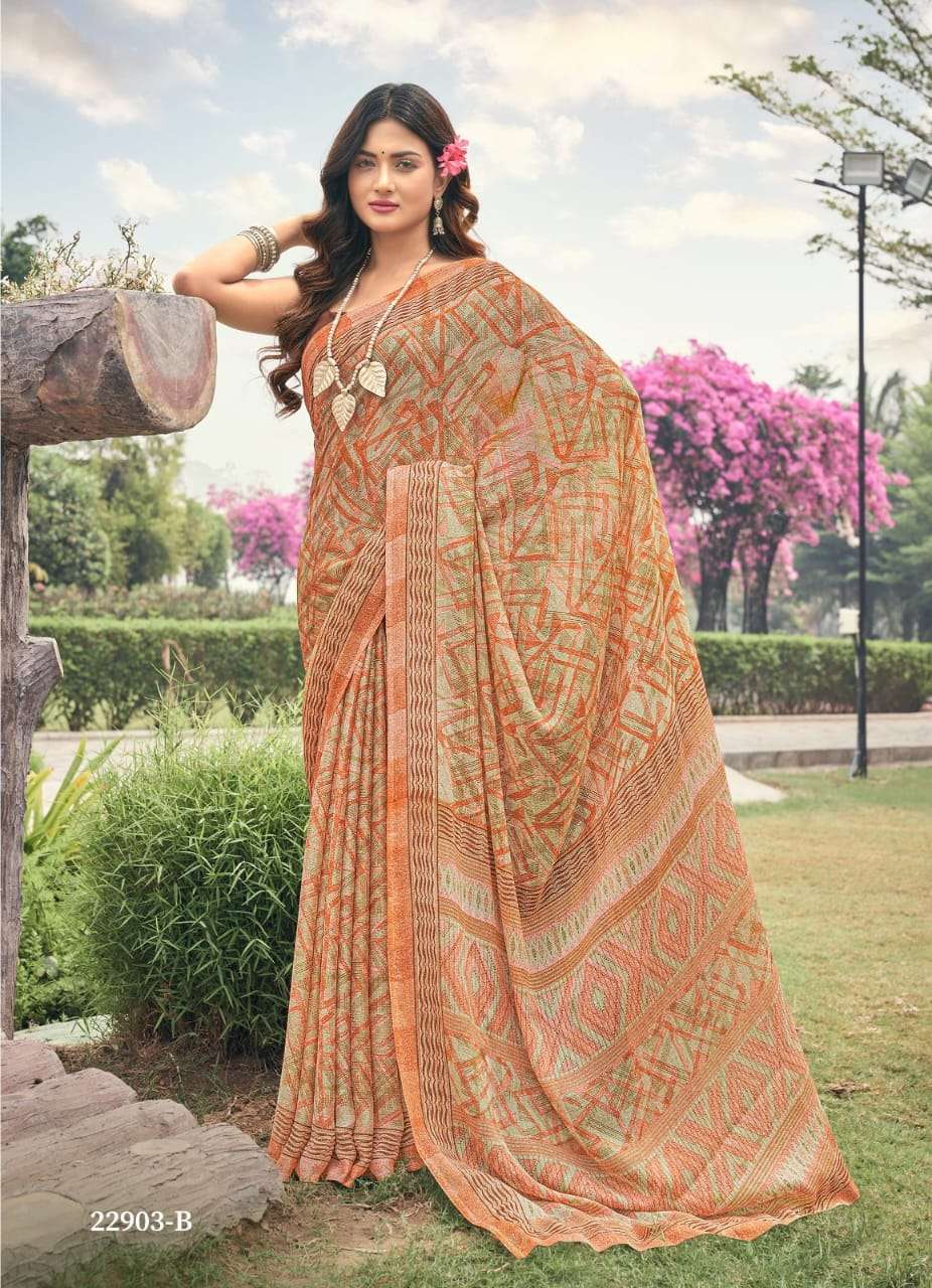 CREAM and PINK ABSTRACT CHIFFON Saree with FANCY