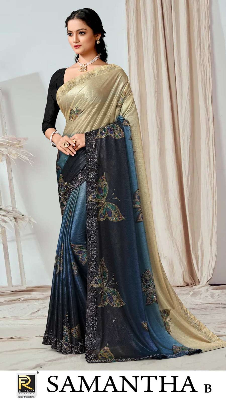 SAMANTHA BY RONISHA SAREE FABRICS IMPORTED LYCRA PRINT WITH SIROSKI WORK FANCY DESIGNER SAREE