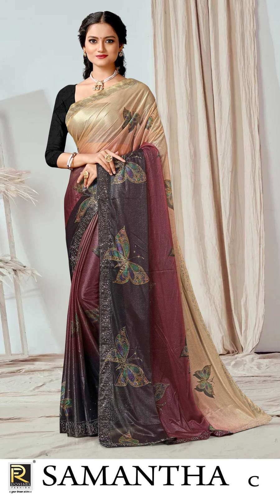 SAMANTHA BY RONISHA SAREE FABRICS IMPORTED LYCRA PRINT WITH SIROSKI WORK FANCY DESIGNER SAREE