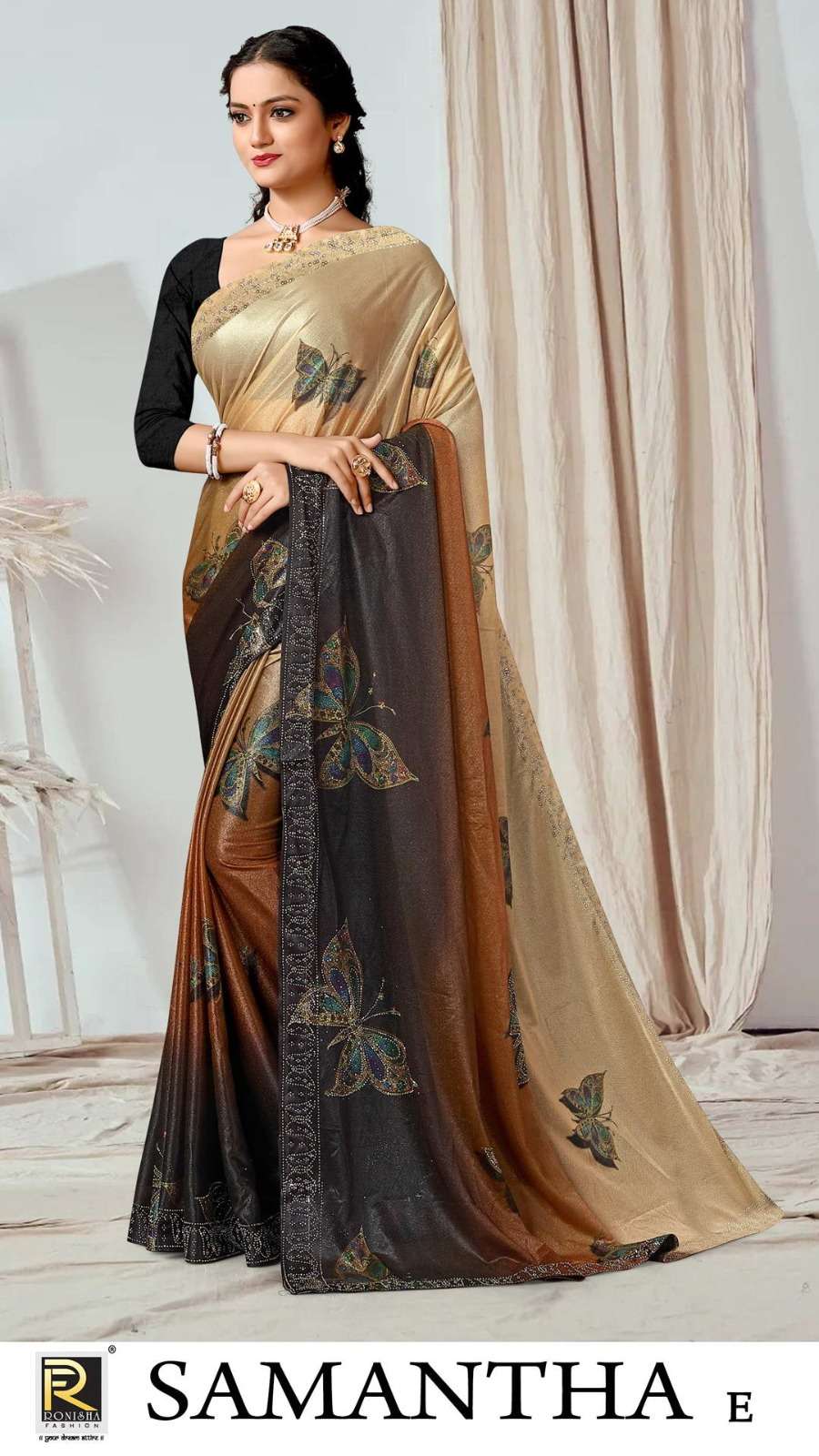 SAMANTHA BY RONISHA SAREE FABRICS IMPORTED LYCRA PRINT WITH SIROSKI WORK FANCY DESIGNER SAREE