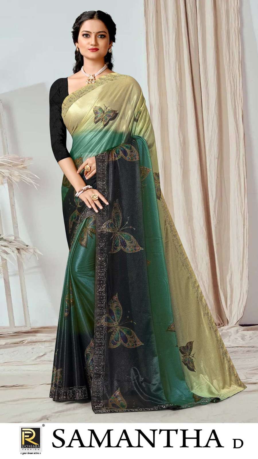 SAMANTHA BY RONISHA SAREE FABRICS IMPORTED LYCRA PRINT WITH SIROSKI WORK FANCY DESIGNER SAREE