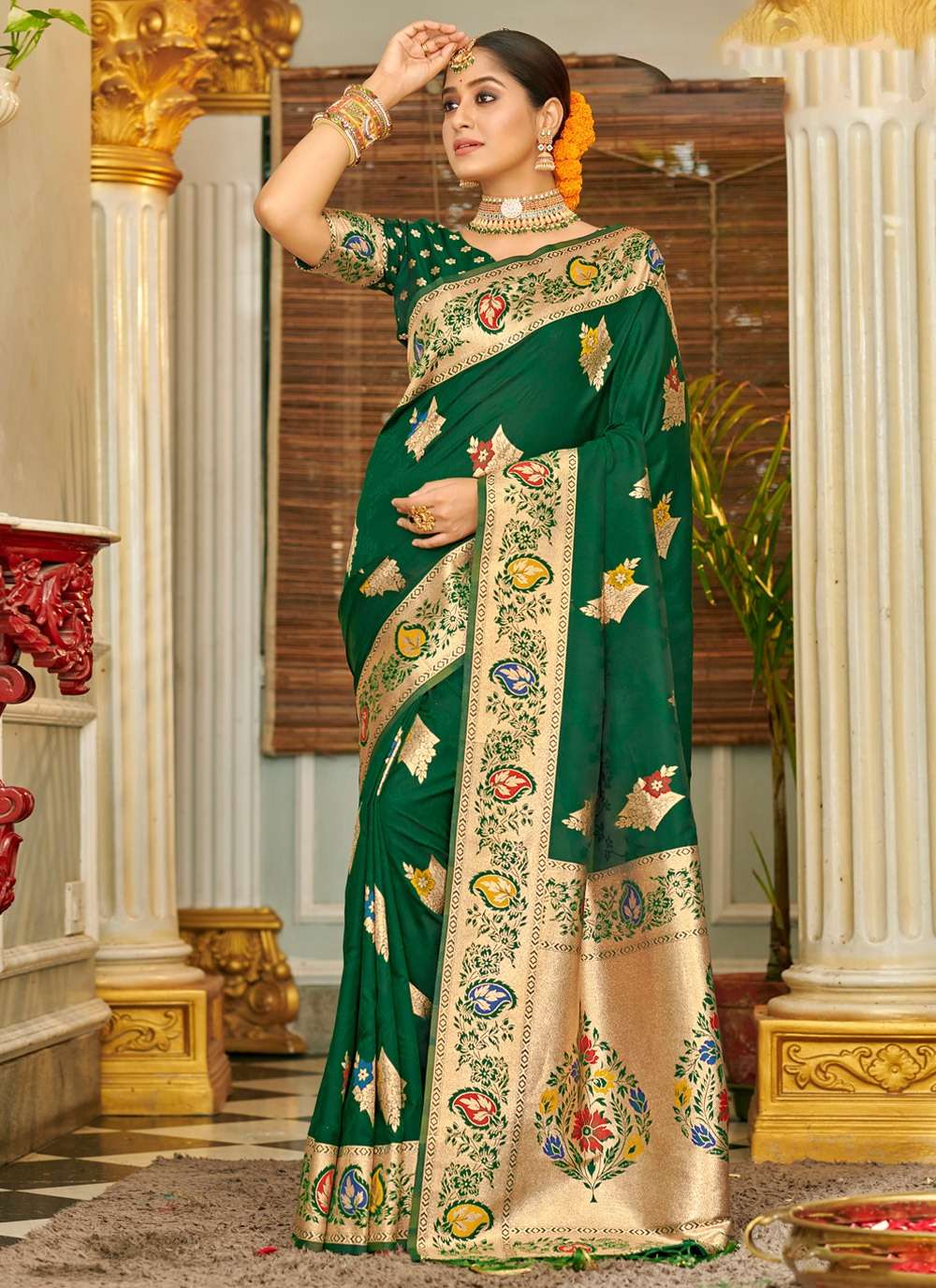 Vishal Prints Dark Olive Green Brasso Saree With Foil Print And Jari P