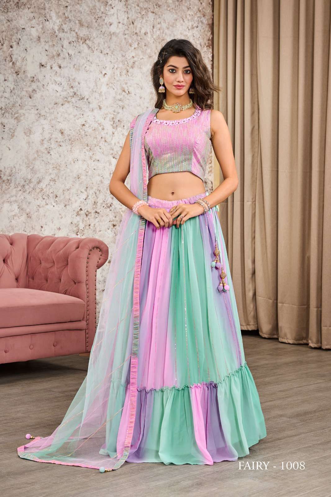 green colour crop top with bell sleeves and lehenga with ruffles #on  peachmode.com | Green blouse designs, Silk lehenga, Tunic designs