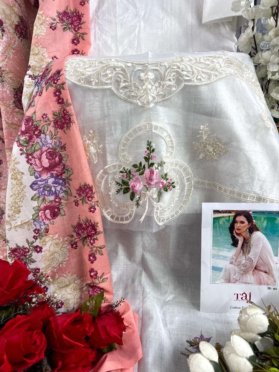 Taj 451 And 454 Cotton Dupatta Pakistani Suits Wholesale catalog