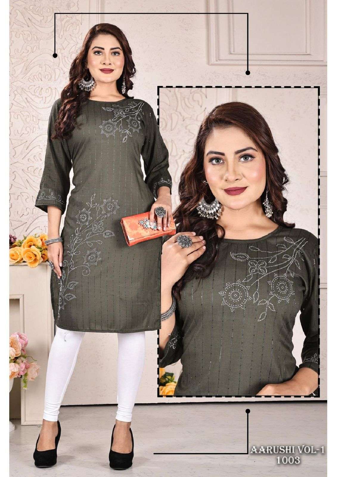 Bandhej Printed Dupion Silk Straight Kurti in Grey : TUF1501