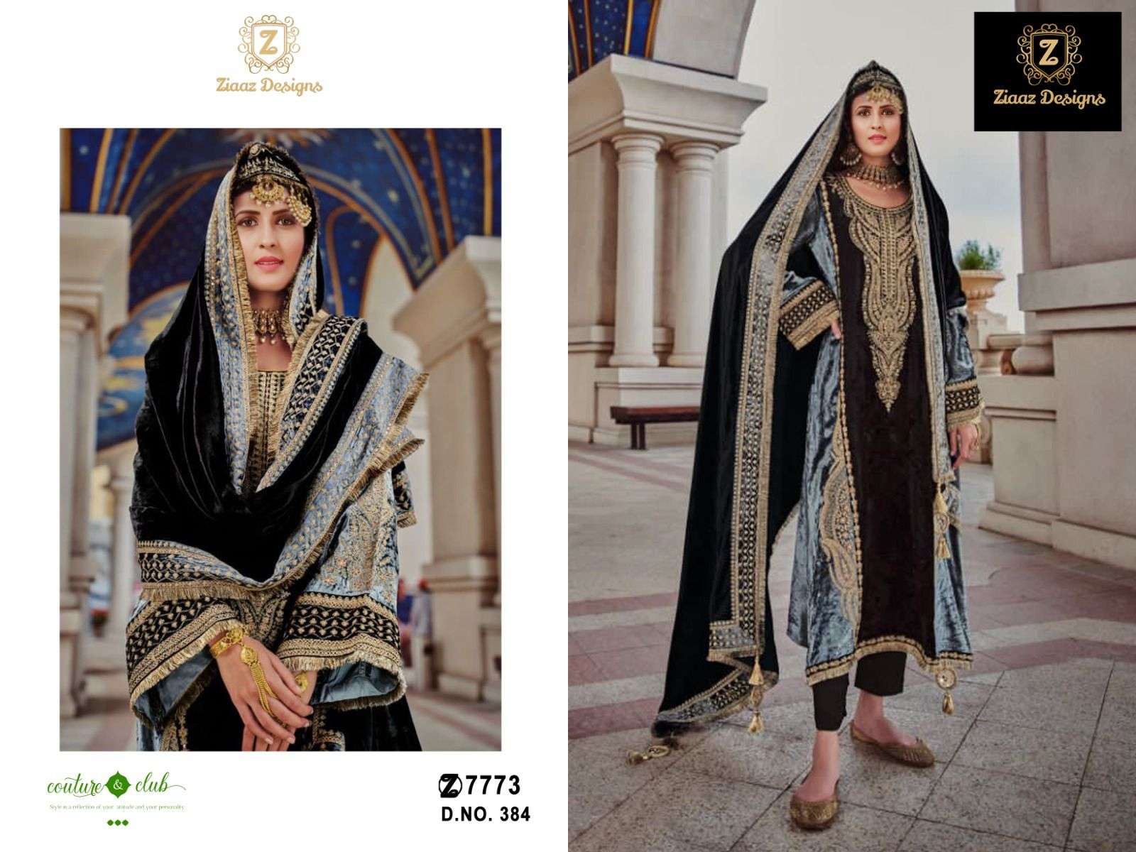 Ziaaz Designs 384 And 383 Velvet Pakistani Suits Wholesale catalog