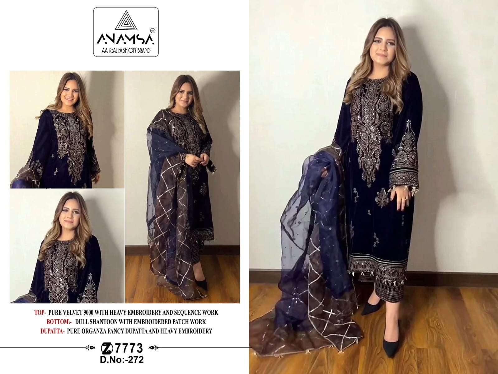 Anamsa 272 Pure Velvet Pakistani Salwar Kameez Wholesale catalog