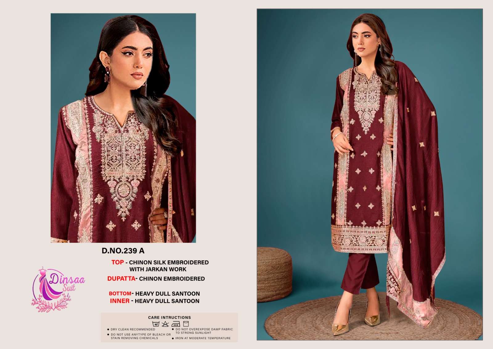 Dinsaa 239 Chinnon Silk Embroidery Pakistani Suits Wholesale catalog