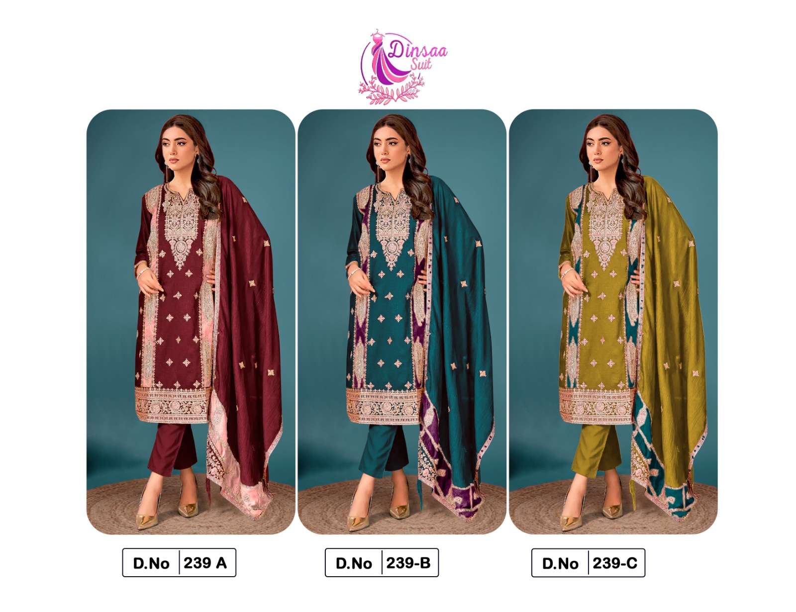 Dinsaa 239 Chinnon Silk Embroidery Pakistani Suits Wholesale catalog
