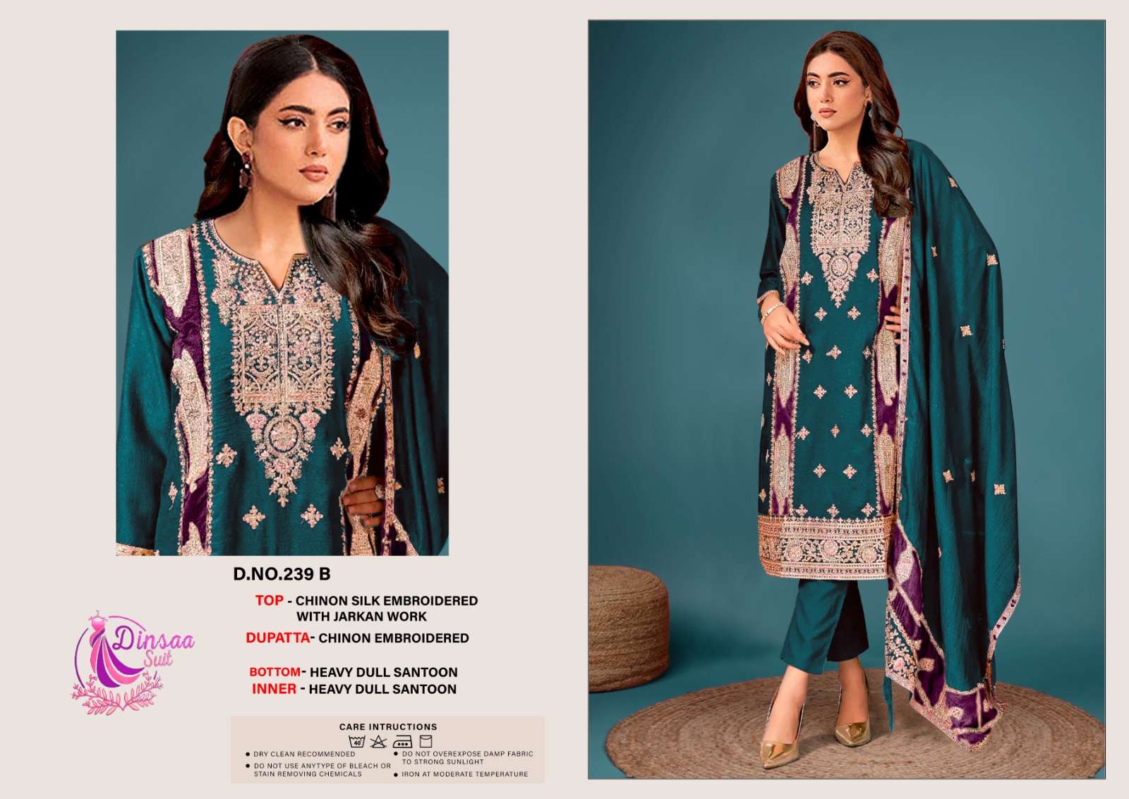 Dinsaa 239 Chinnon Silk Embroidery Pakistani Suits Wholesale catalog